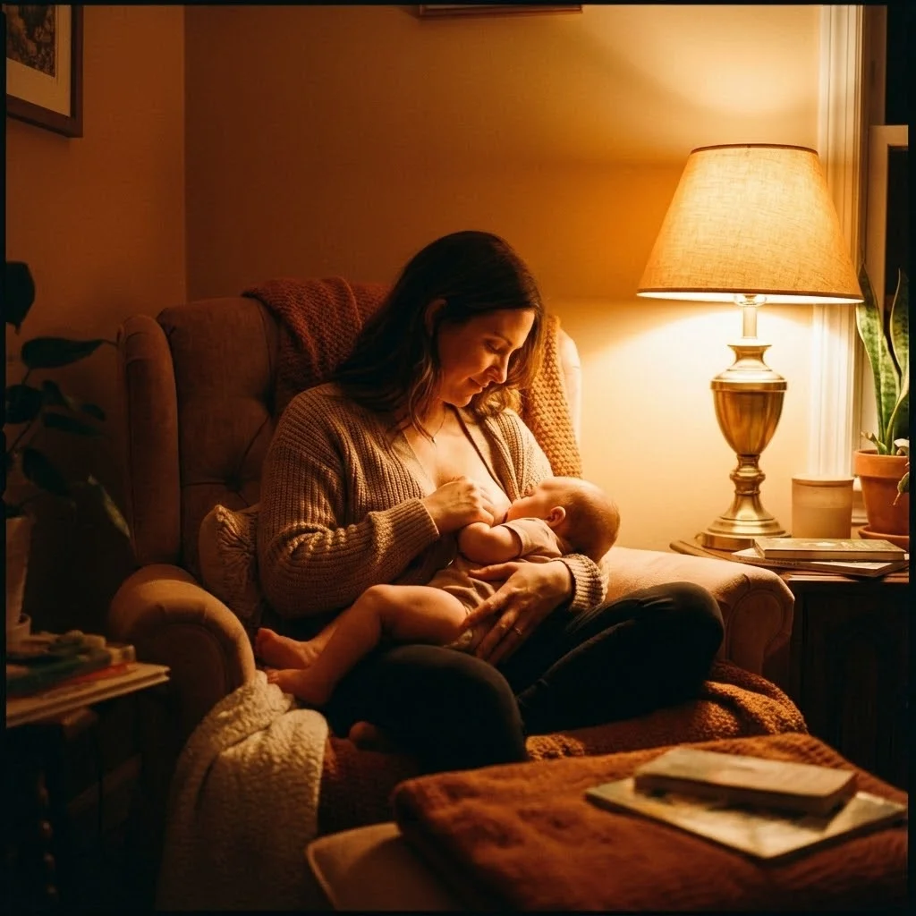 Maman allaitant son bébé dans une ambiance douce et tamisée, moment intime et serein, tons chauds