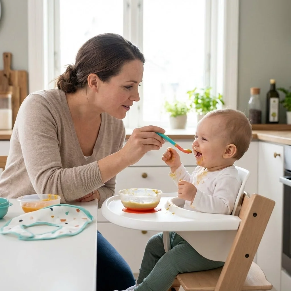 Maman donnant à manger à son bébé installé dans une chaise haute moderne. Expression bienveillante et complice. Petite cuillère colorée, lumière naturelle douce.