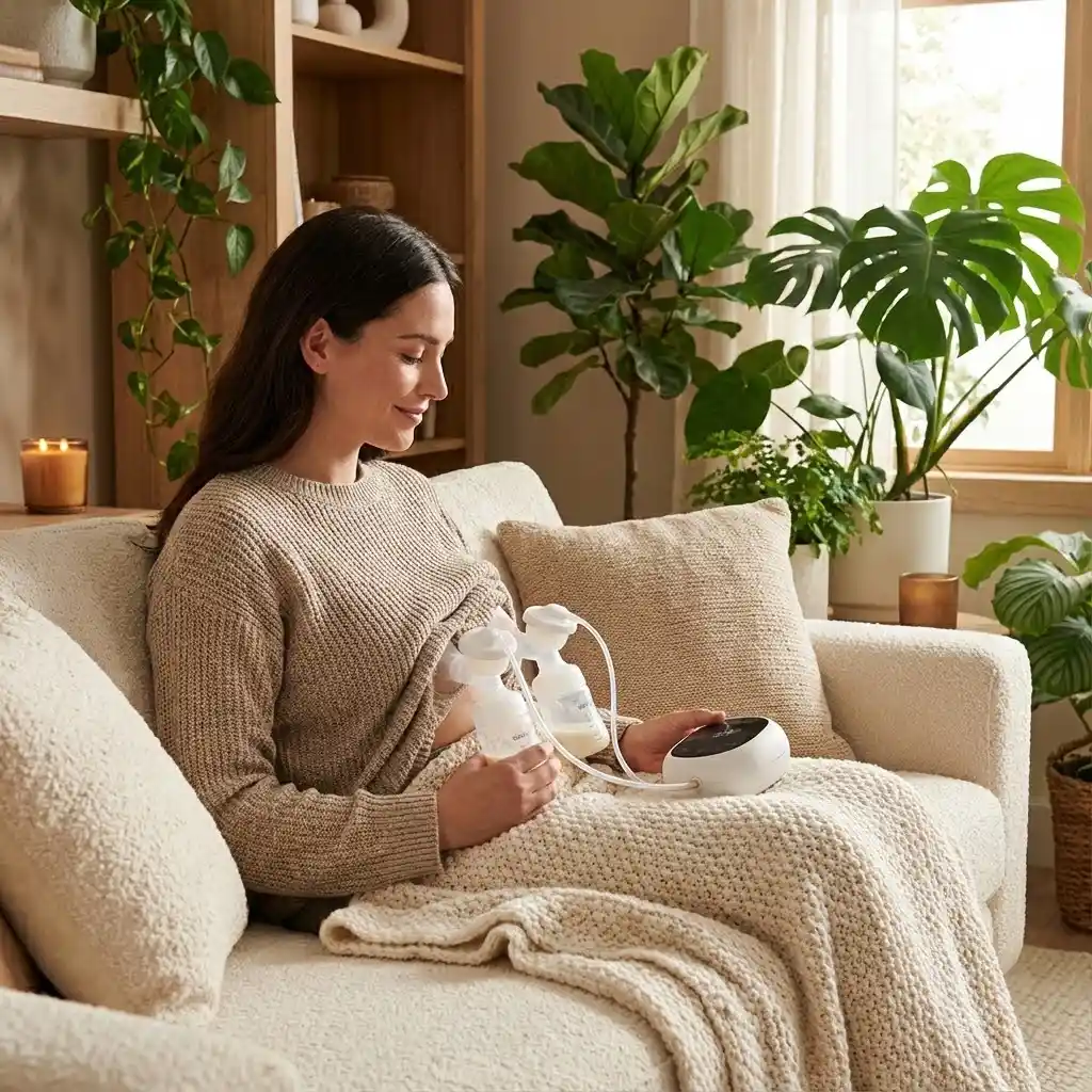 Maman utilisant un tire-lait électrique double pompage dans un environnement cocooning. Expression sereine, cadre chaleureux avec plantes vertes en arrière-plan. Style éditorial moderne.