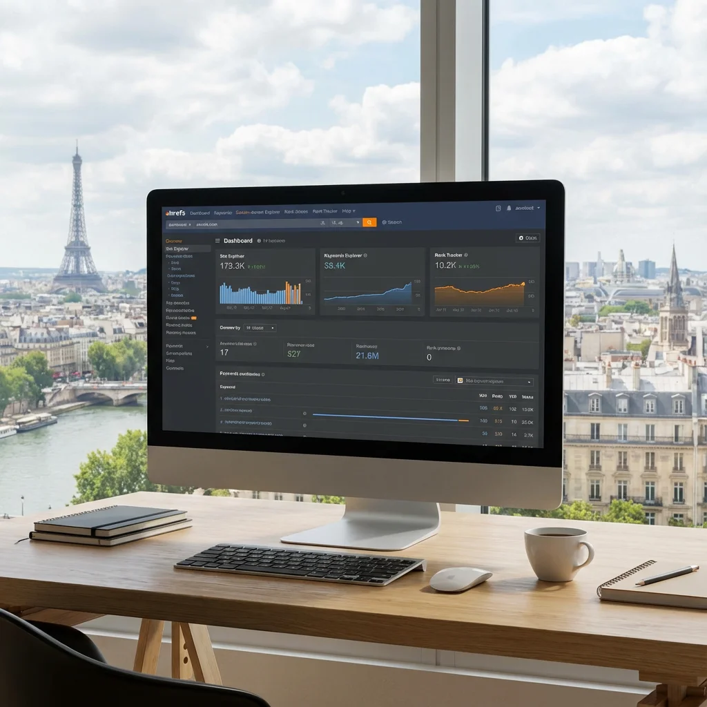 [image : Mockup d'écran montrant plusieurs outils SEO professionnels (Semrush, Ahrefs, Search Console) disposés sur un bureau dans la capitale]