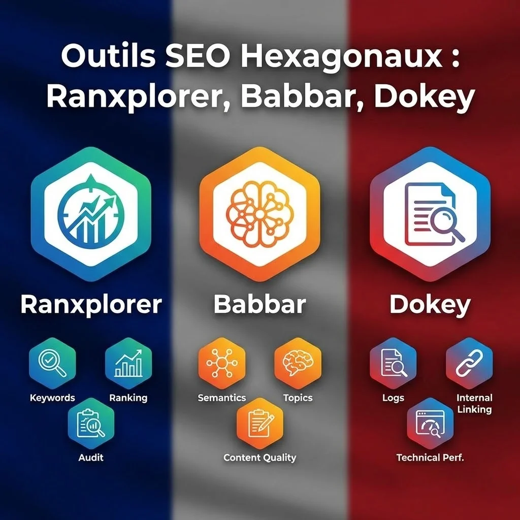 [image : Montage de 3 logos d'outils SEO hexagonaux (Ranxplorer, Babbar, Dokey) avec drapeau tricolore en arrière-plan et icônes de fonctionnalités - style présentation corporate]