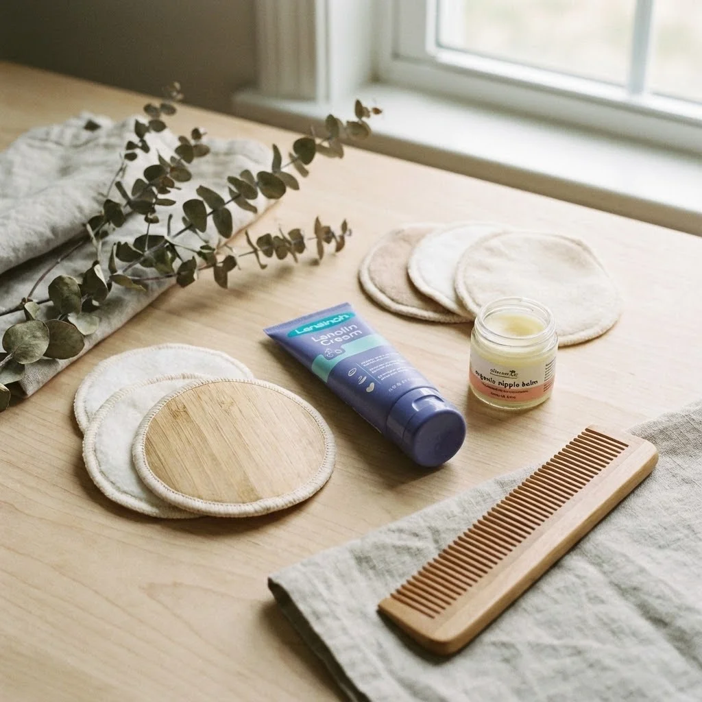 Nature morte avec accessoires de soins pour l'allaitement : compresses, crème lanoline, disposés sur une surface en bois clair, style épuré