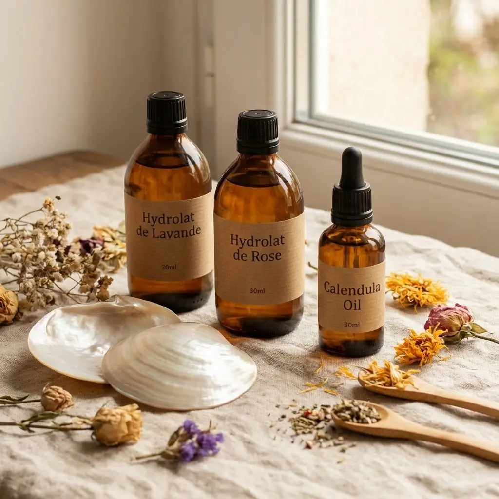 Nature morte chaleureuse avec des alternatives naturelles aux huiles essentielles - flacons d'hydrolats, huile végétale de calendula, coquillages d'allaitement en nacre, disposés sur un tissu en lin naturel