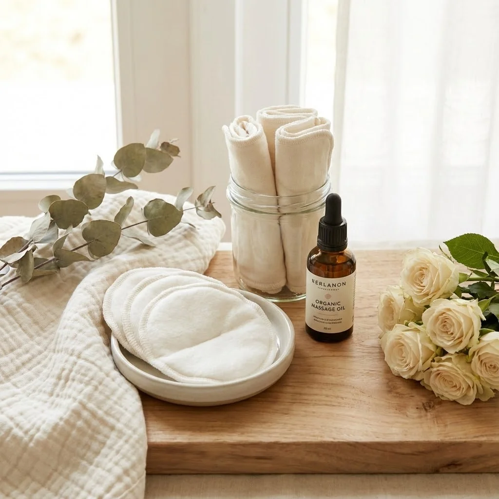 Nature morte élégante avec accessoires d'allaitement : coussinets, compresses, huile de massage, dans une composition soignée et rassurante, tons naturels et lumineux