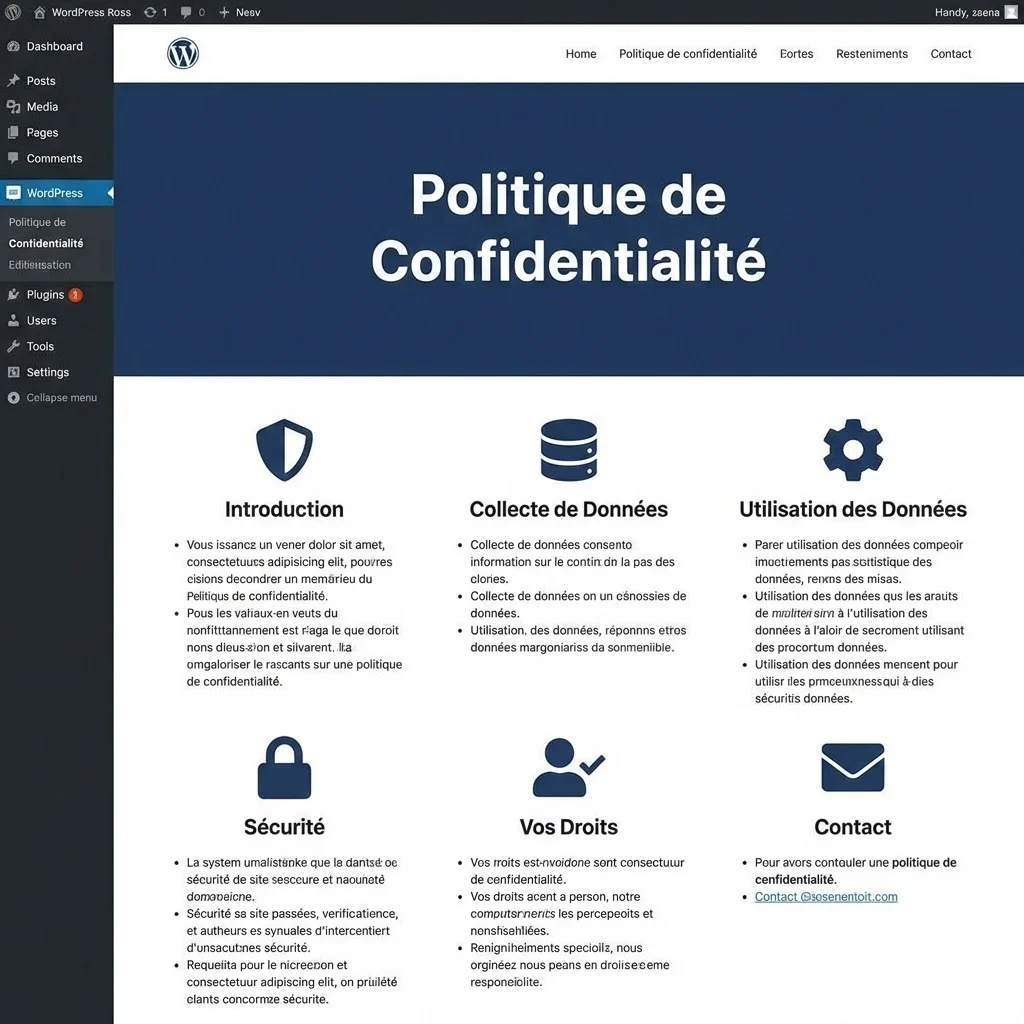 [image : Page de politique de confidentialité professionnelle sur un site WordPress, mise en page soignée avec sections distinctes, icônes illustratives, design corporate]