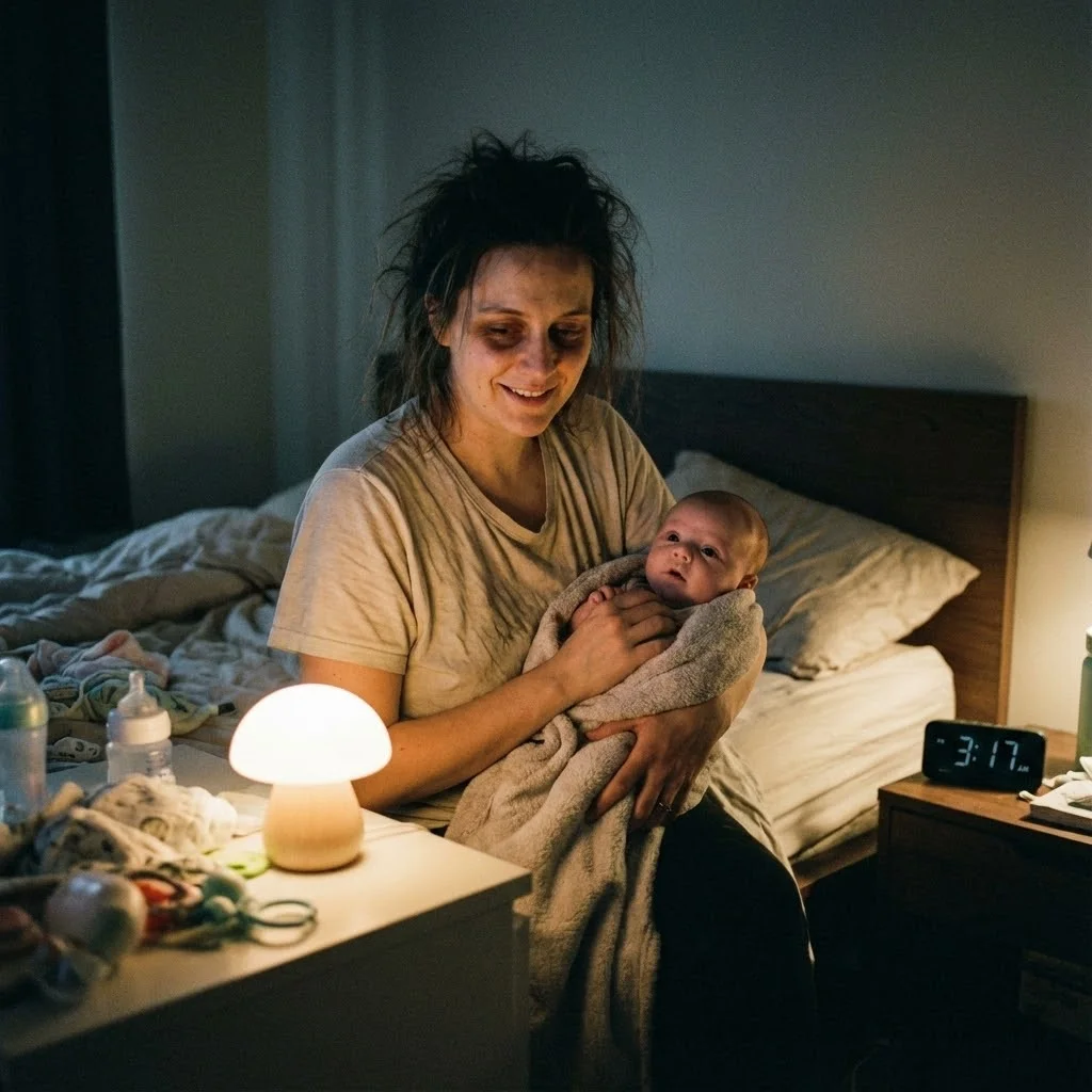 Parent fatigué mais souriant tenant son bébé éveillé la nuit, lumière douce de veilleuse, expression tendre malgré la fatigue, ambiance réaliste et authentique