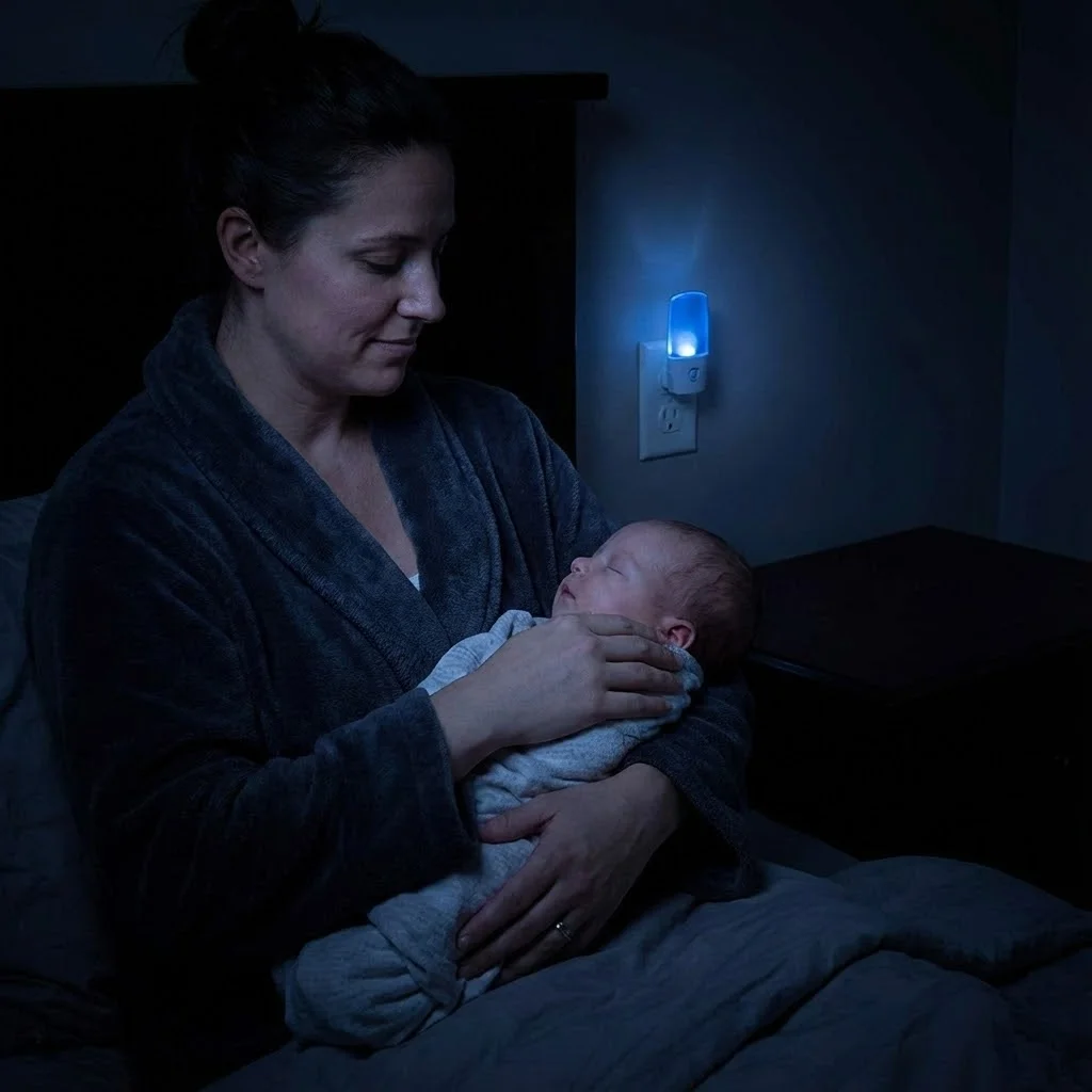 Parent réconfortant doucement son bébé dans la pénombre d'une chambre, geste tendre et rassurant, éclairage nocturne bleuté subtil