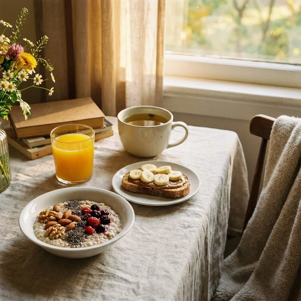 Photo chaleureuse d'une table de petit-déjeuner nutritif pour maman allaitante - bol de porridge avec oléagineux, verre de jus d'orange, tartine au beurre d'amandes, tasse de tisane, lumière matinale dorée, ambiance cosy et appétissante