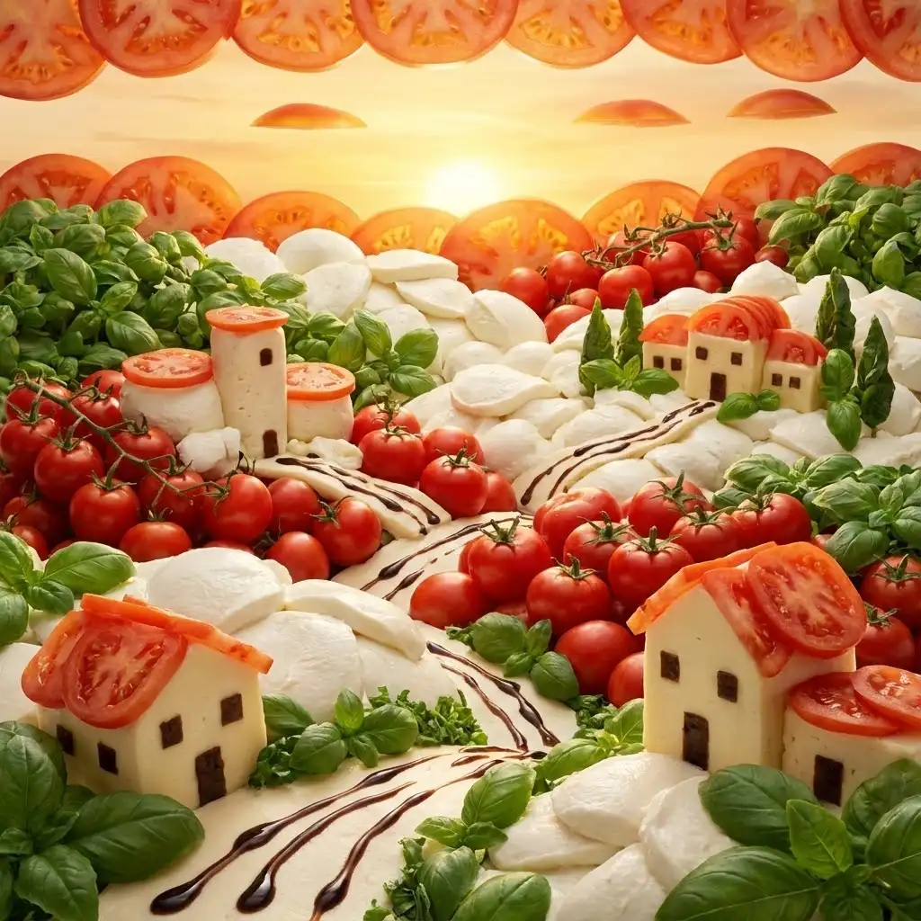 Photo culinaire d'une salade caprese fraîche avec mozzarella crémeuse, tomates rouges et basilic, lumière naturelle douce, style cuisine méditerranéenne