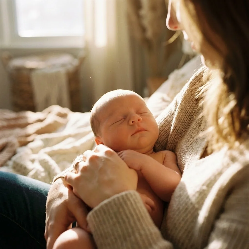 Photo d'un bébé nouveau-né paisible dans les bras de sa maman, gros plan sur le visage serein, lumière douce et chaude, atmosphère intime et apaisante