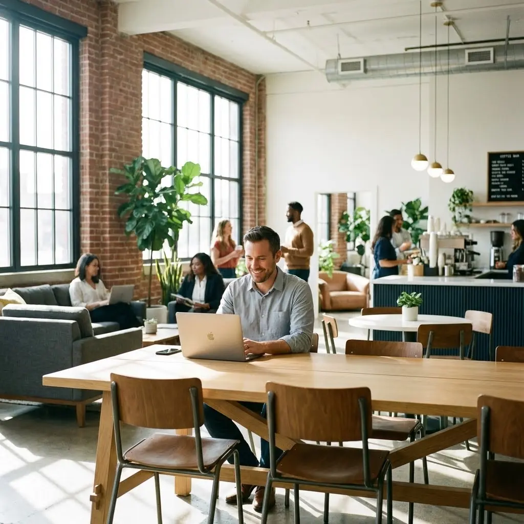 [image : Photo d'un commercial indépendant travaillant sur son laptop dans un espace de coworking lumineux, ambiance dynamique et moderne]