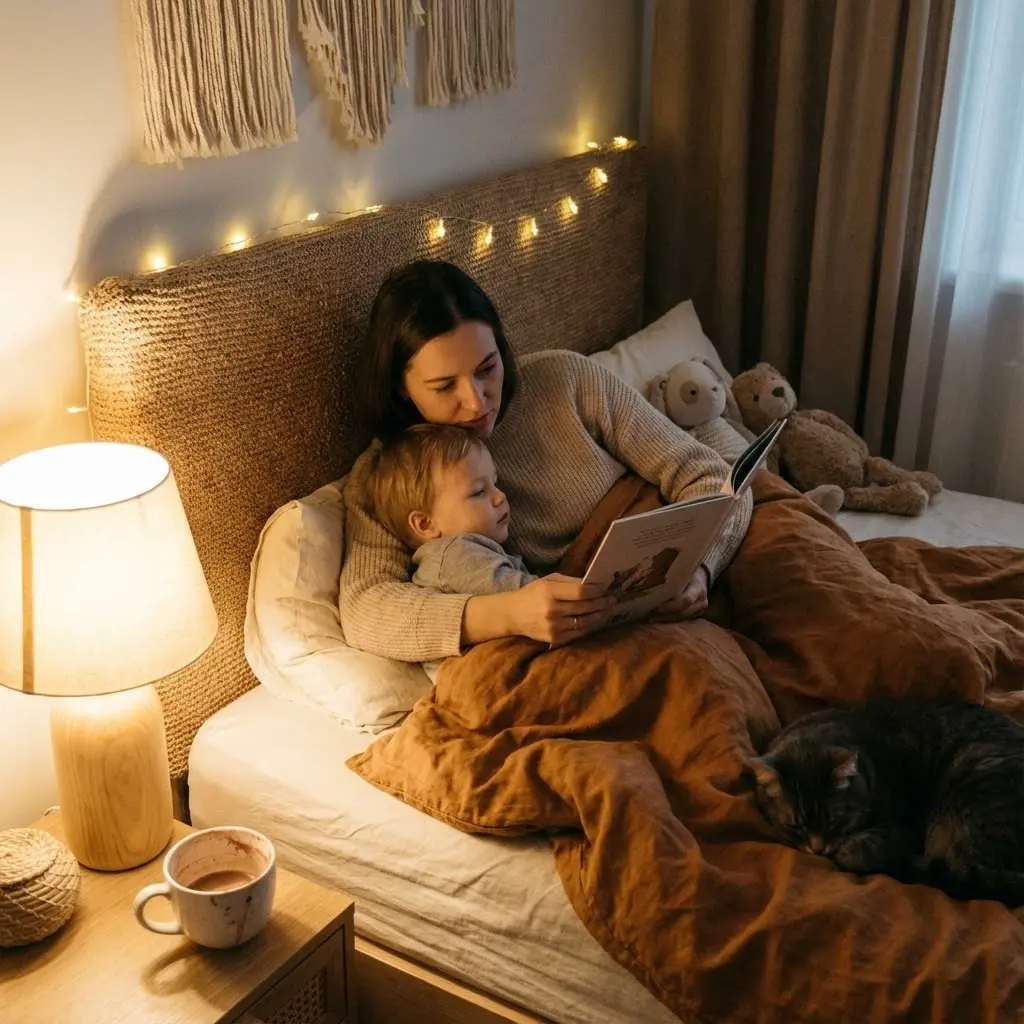 [image : Photo d'un parent lisant une histoire à son enfant, ambiance cosy pour le coucher]