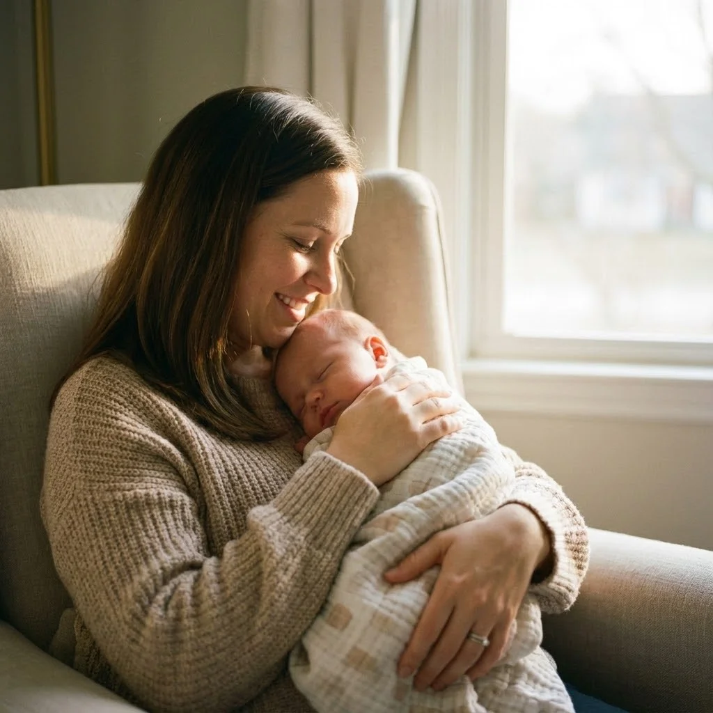 [image : Photo d'une maman souriante tenant son bébé endormi paisiblement, lumière douce]
