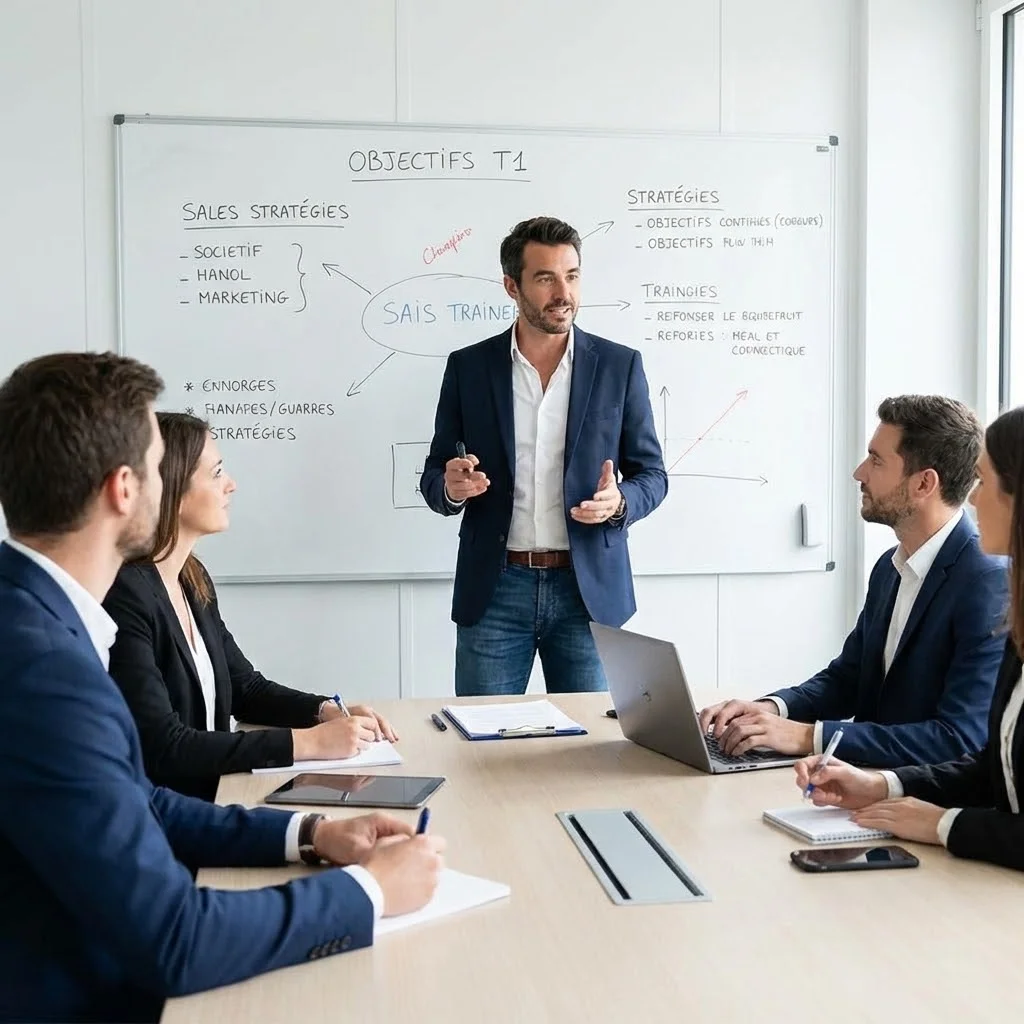 [image : Photo d'une réunion de formation commerciale, un formateur debout expliquant devant un tableau blanc à 3-4 commerciaux assis, ambiance professionnelle collaborative]