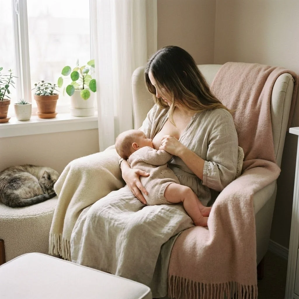 Photo douce d'une mère allaitant son bébé dans un fauteuil confortable, ambiance chaleureuse, tons pastel, lumière naturelle