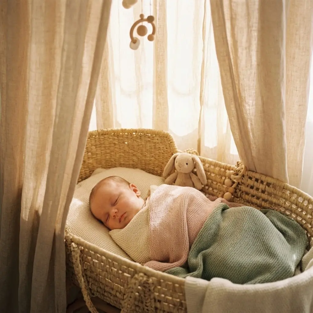 Photo douce et apaisante d'un bébé endormi paisiblement dans son berceau, lumière tamisée naturelle filtrant à travers des rideaux légers, ambiance sereine et calme, tons pastel chaleureux