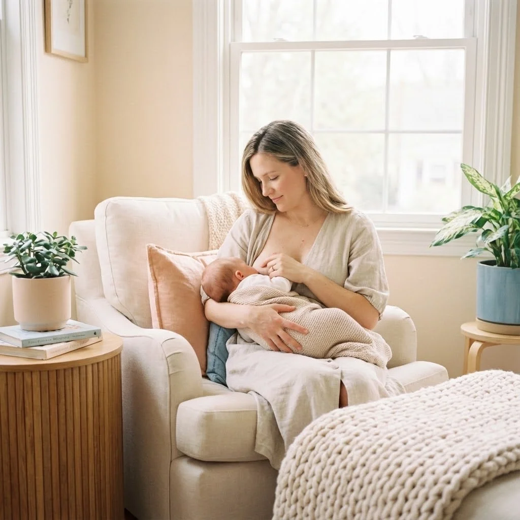 Photo douce et lumineuse d'une maman sereine allaitant son bébé dans un fauteuil confortable, ambiance cosy avec lumière naturelle, tons pastel et chaleureux, style lifestyle épuré