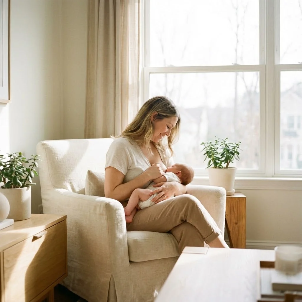 [image : Photo douce et lumineuse d'une mère allaitant son bébé de quelques mois, ambiance chaleureuse et intime, lumière naturelle, style lifestyle épuré]