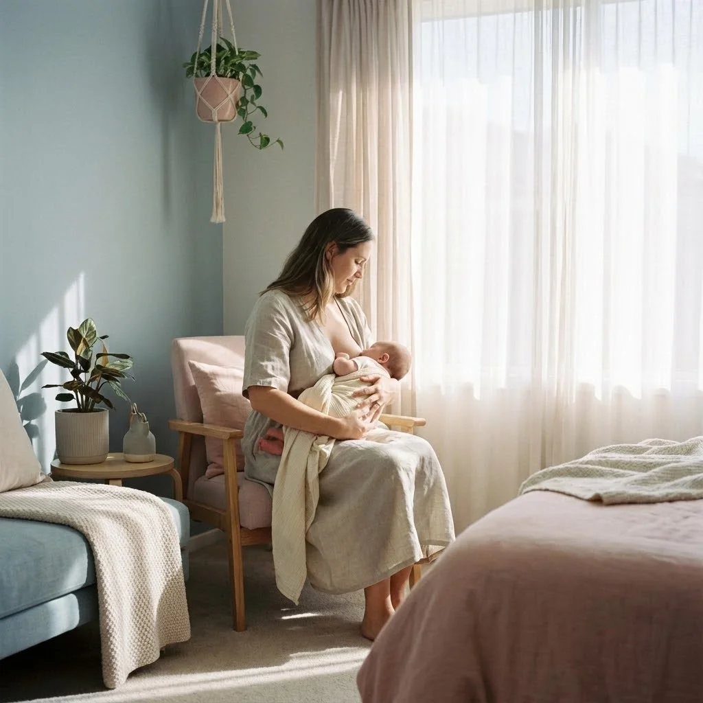 Photo douce et lumineuse d'une mère allaitant son bébé, tons pastel et atmosphère apaisante, lumière naturelle, style lifestyle épuré
