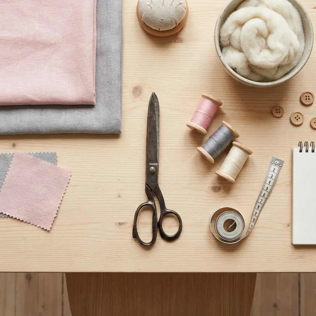 Photo flat-lay d'un espace de travail couture avec du tissu pastel rose et gris, des ciseaux, du fil, de la ouate et un mètre ruban, sur fond bois clair, style scandinave épuré