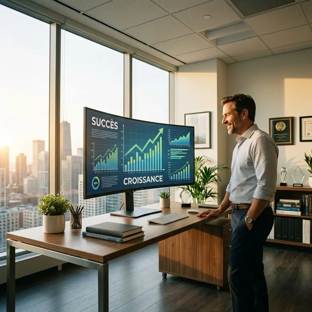[image : Photo inspirante d'un entrepreneur souriant regardant un écran affichant des graphiques de croissance positifs, bureau moderne avec vue sur une ville, lumière naturelle, ambiance succès et accomplissement]