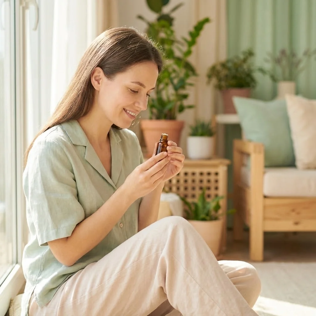 Photo lifestyle d'une jeune maman sereine dans une pièce lumineuse, tenant un flacon d'huile essentielle avec précaution, ambiance naturelle et apaisante, tons pastel et végétaux en arrière-plan