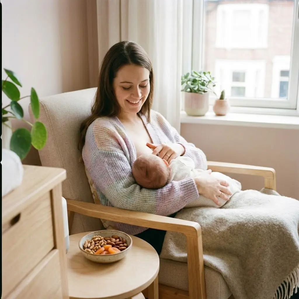 Photo lifestyle d'une jeune maman souriante qui allaite son bébé dans un fauteuil confortable, avec un petit bol de fruits secs posé sur une table d'appoint à côté d'elle, lumière naturelle douce, ambiance chaleureuse et sereine, tons pastel et bois clair