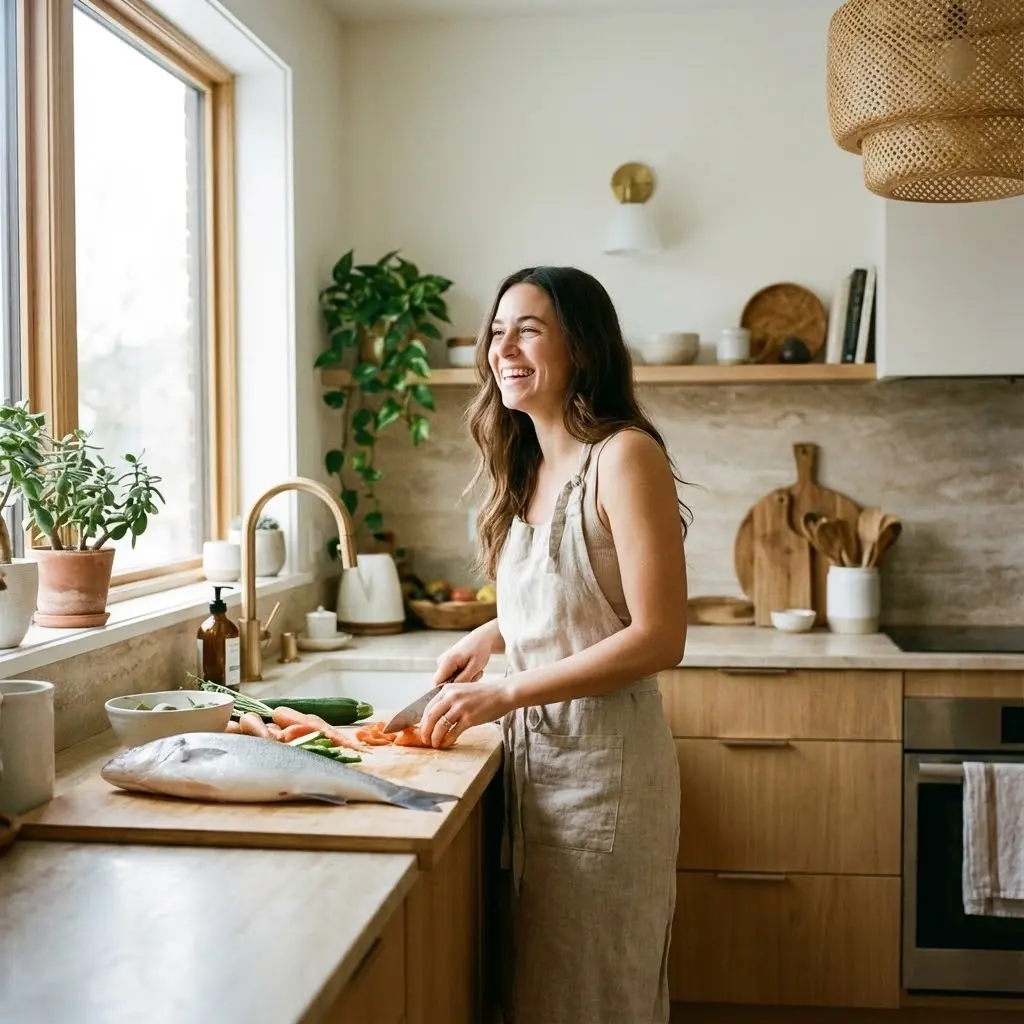Photo lifestyle d'une jeune maman souriante préparant un repas équilibré dans une cuisine lumineuse et moderne, avec des légumes frais et du poisson sur le plan de travail, ambiance chaleureuse et naturelle