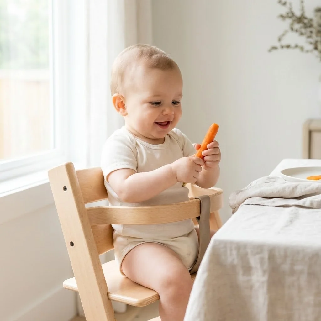 Photo lumineuse d'un bébé de 8 mois assis dans sa chaise haute, tenant un bâtonnet de carotte cuite dans sa main, expression curieuse et joyeuse, lumière naturelle douce, style lifestyle épuré