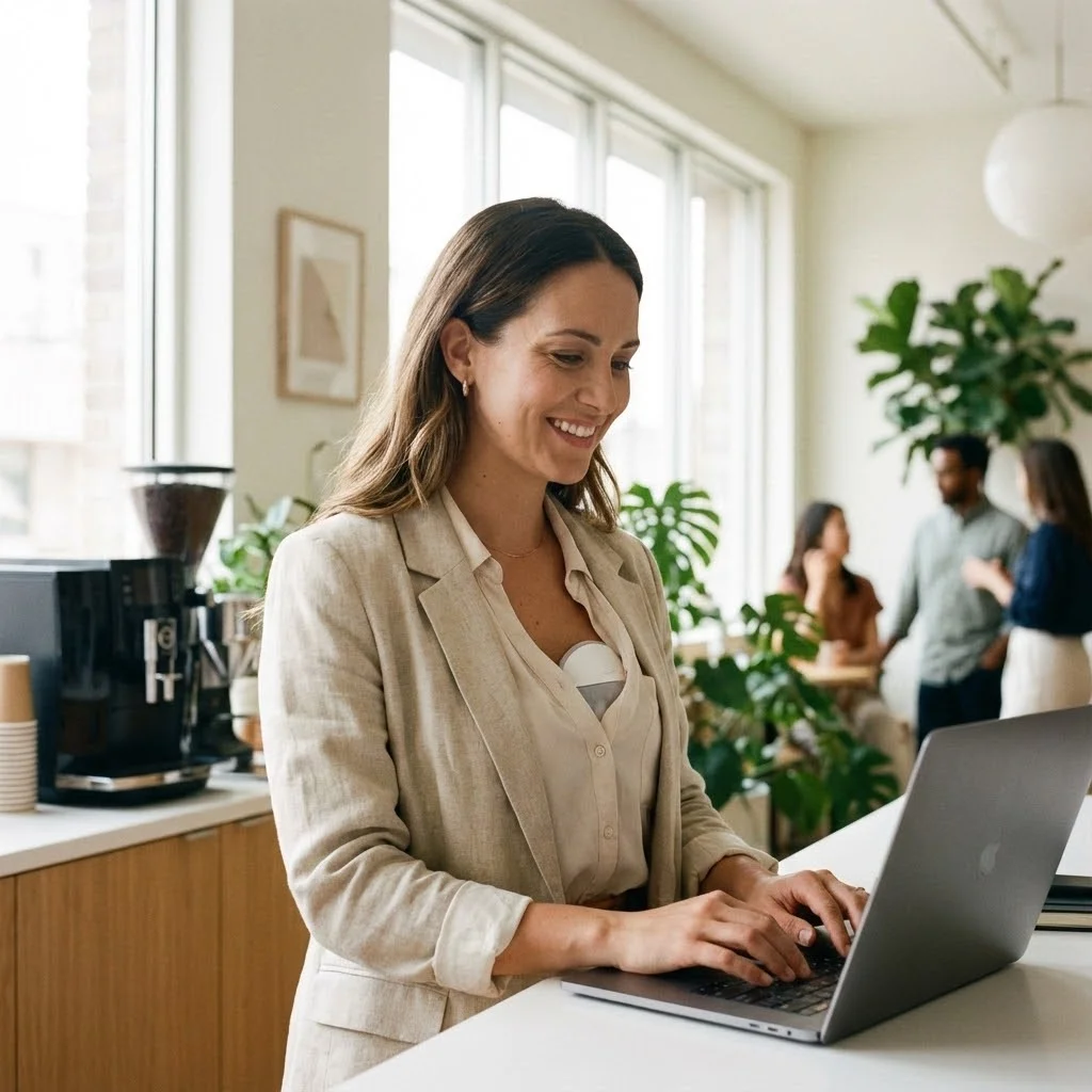 [image : Photo moderne d'une femme active avec un tire-lait portable discret, ambiance professionnelle mais chaleureuse, éclairage naturel, style lifestyle contemporain]