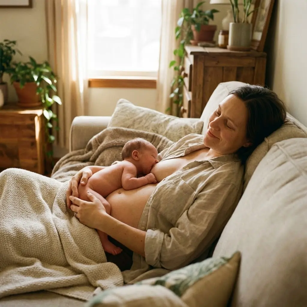 Photo naturelle d'une maman en position semi-inclinée pratiquant le biological nurturing, bébé peau à peau sur son ventre se dirigeant vers le sein, lumière douce et chaleureuse