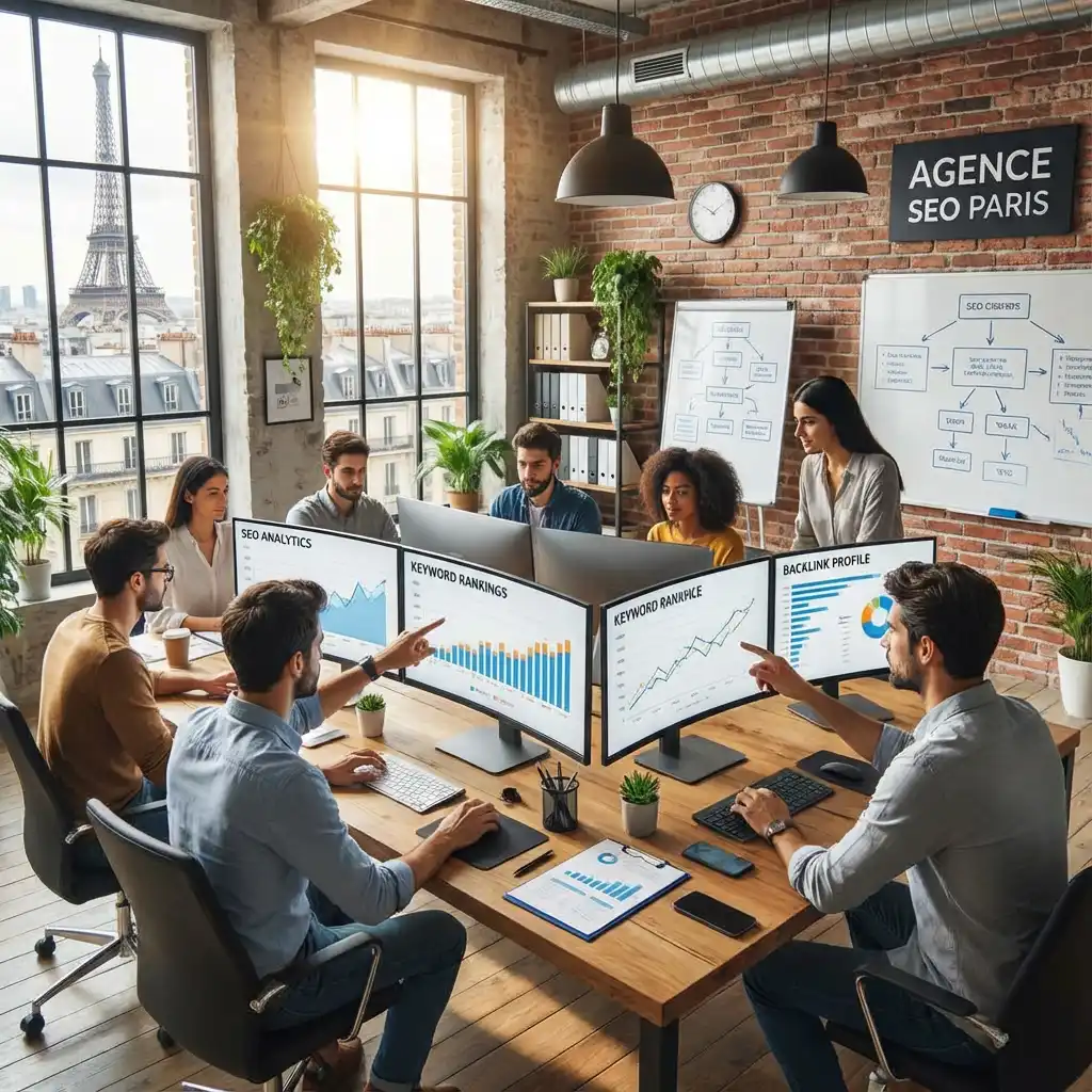 [image : Photo professionnelle d'experts analysant des données de référencement sur plusieurs écrans dans un bureau moderne dans la capitale, ambiance collaborative et technologique]