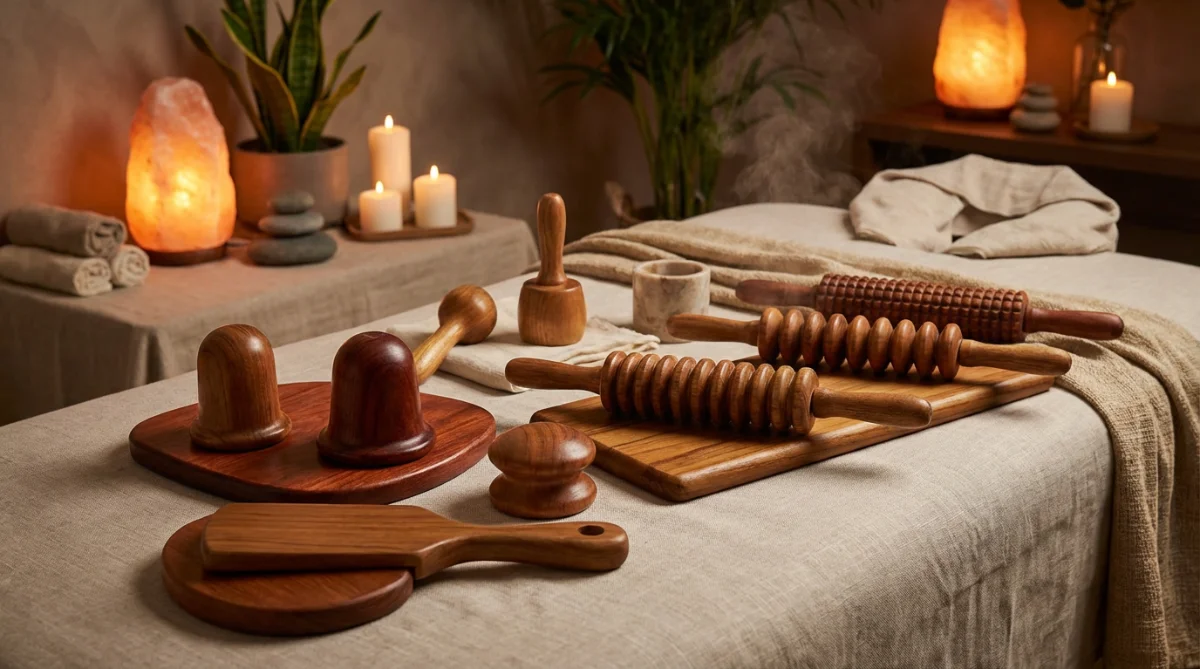 [image : Photo professionnelle d'instruments de madérothérapie en bois disposés sur une table de massage, éclairage chaleureux, ambiance spa]