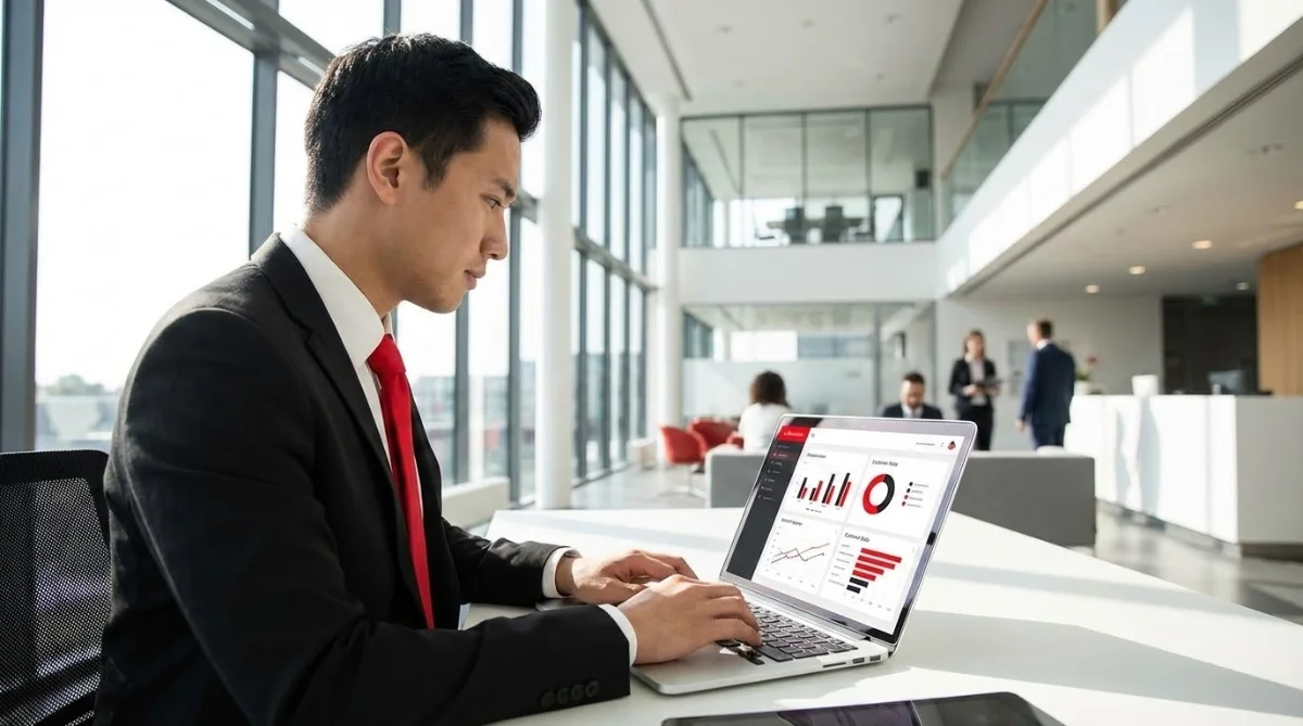 [image : Photo professionnelle d'un agent commercial utilisant un ordinateur portable dans un bureau moderne, analysant des données clients sur son écran, ambiance lumineuse et professionnelle, style corporate]