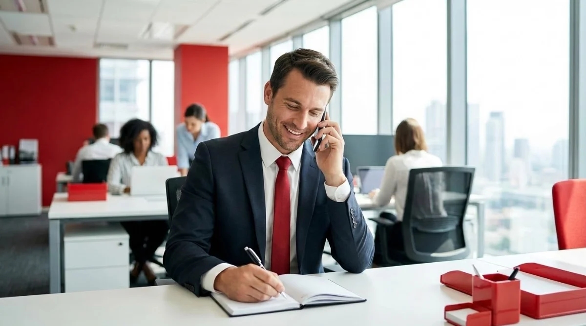 [image : Photo professionnelle d'un commercial en costume au téléphone dans un bureau moderne lumineux, souriant et prenant des notes sur un carnet, ambiance dynamique et professionnelle]