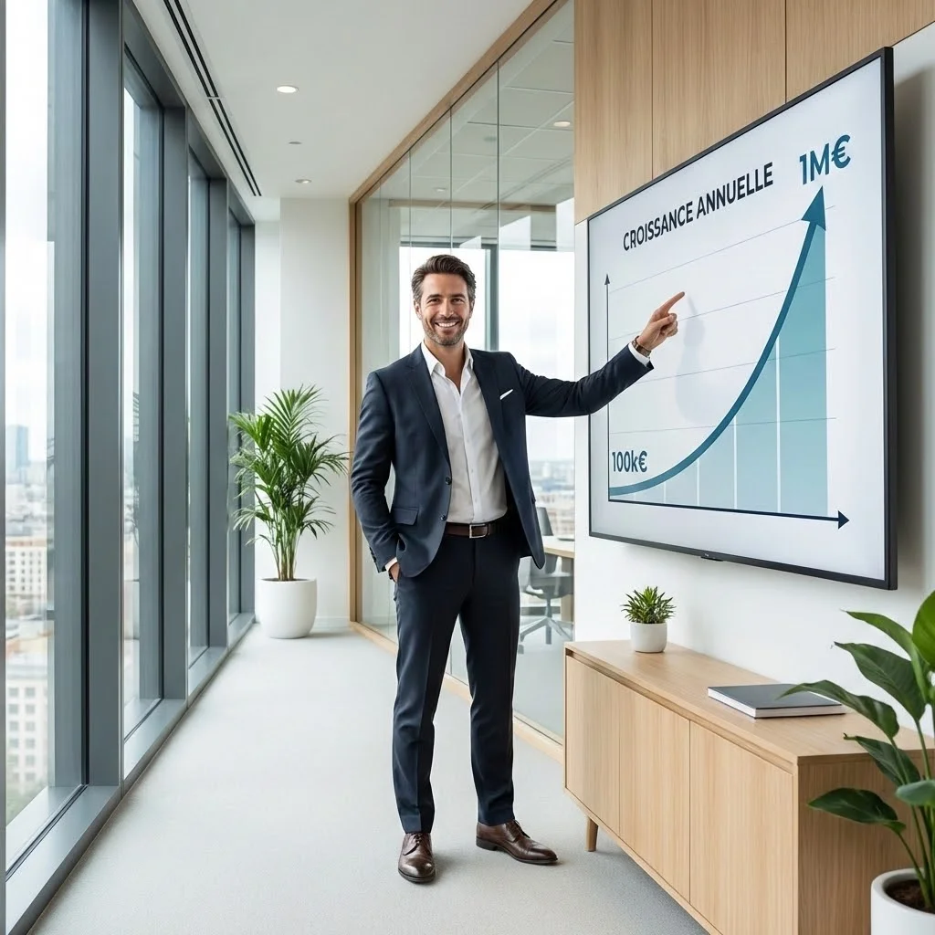 [image : Photo professionnelle d'un entrepreneur devant un graphique de croissance montrant une courbe ascendante de 100k à 1M€, ambiance bureau moderne lumineux, style corporate épuré]