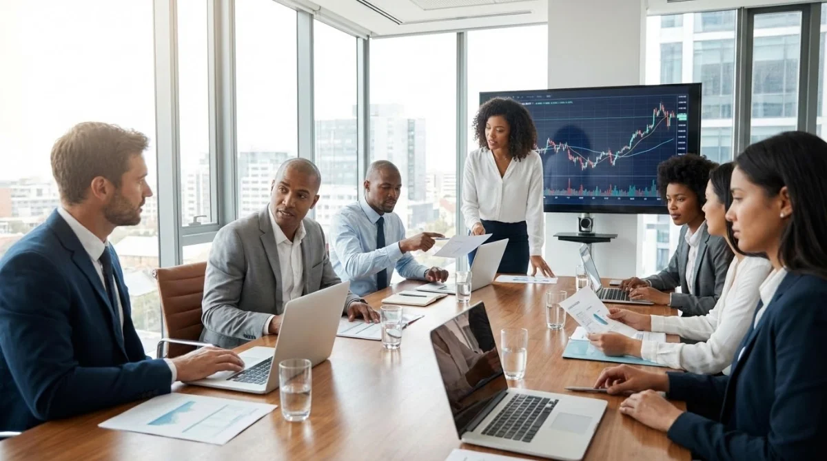 [image : Photo professionnelle d'une réunion d'affaires dans une salle de conseil moderne, avec des cadres analysant des documents, ambiance corporate lumineuse]