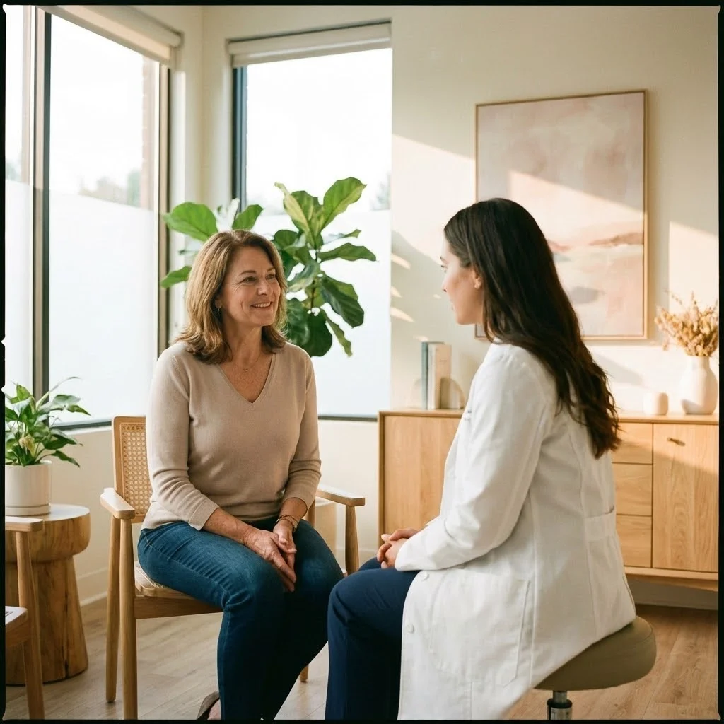 Photo rassurante d'une consultation médicale, patiente discutant sereinement avec une professionnelle de santé en blouse blanche, environnement médical lumineux et accueillant