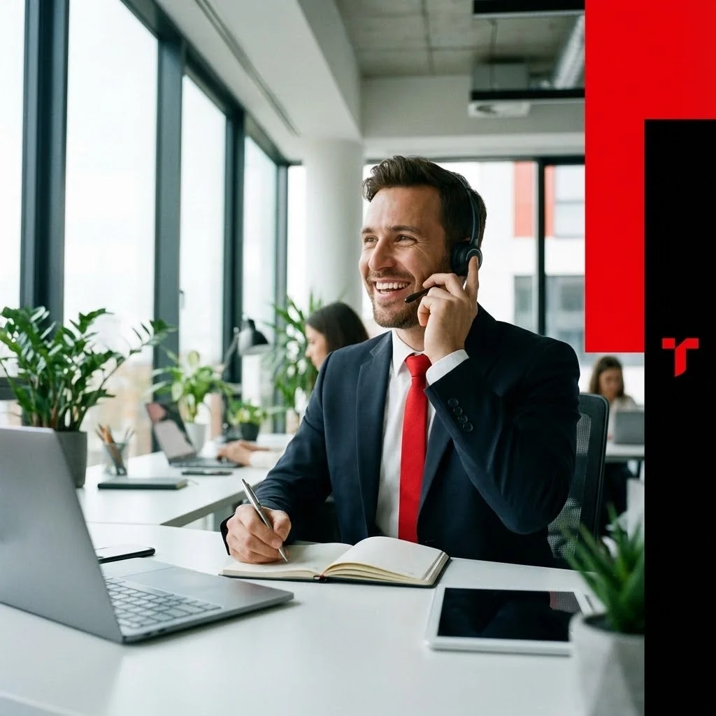 [image : Photo réaliste d'un commercial professionnel au téléphone dans un bureau moderne, souriant et prenant des notes, ambiance lumineuse et dynamique, style corporate]