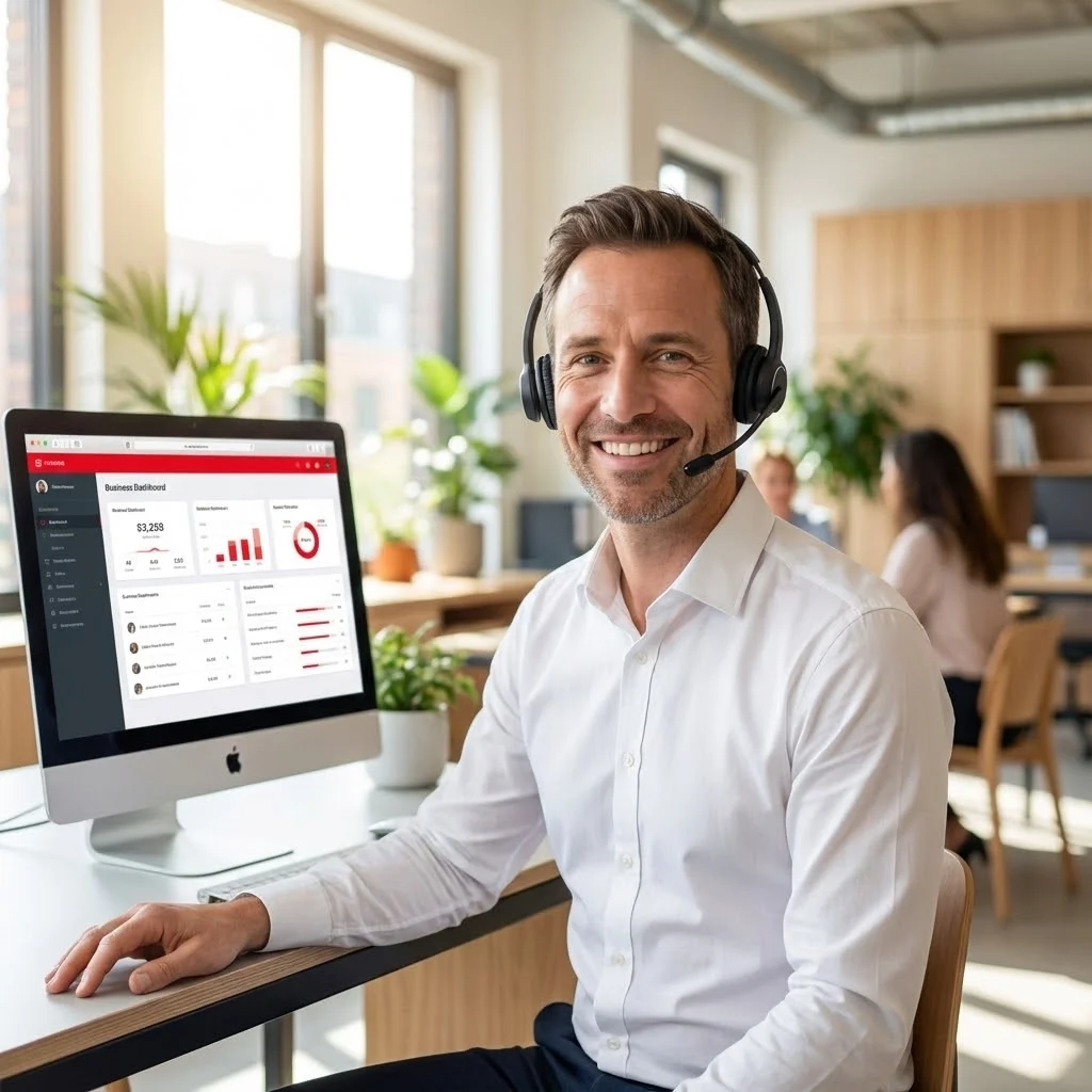 [image : Photo réaliste d'un commercial professionnel en chemise, casque téléphonique sur les oreilles, souriant devant son écran d'ordinateur dans un bureau moderne lumineux]