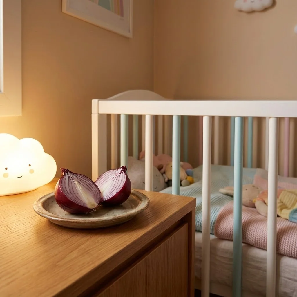 Photo réaliste d'un oignon coupé en deux posé sur une soucoupe près d'un lit à barreaux de bébé, lumière douce de veilleuse, ambiance chaleureuse, tons pastel