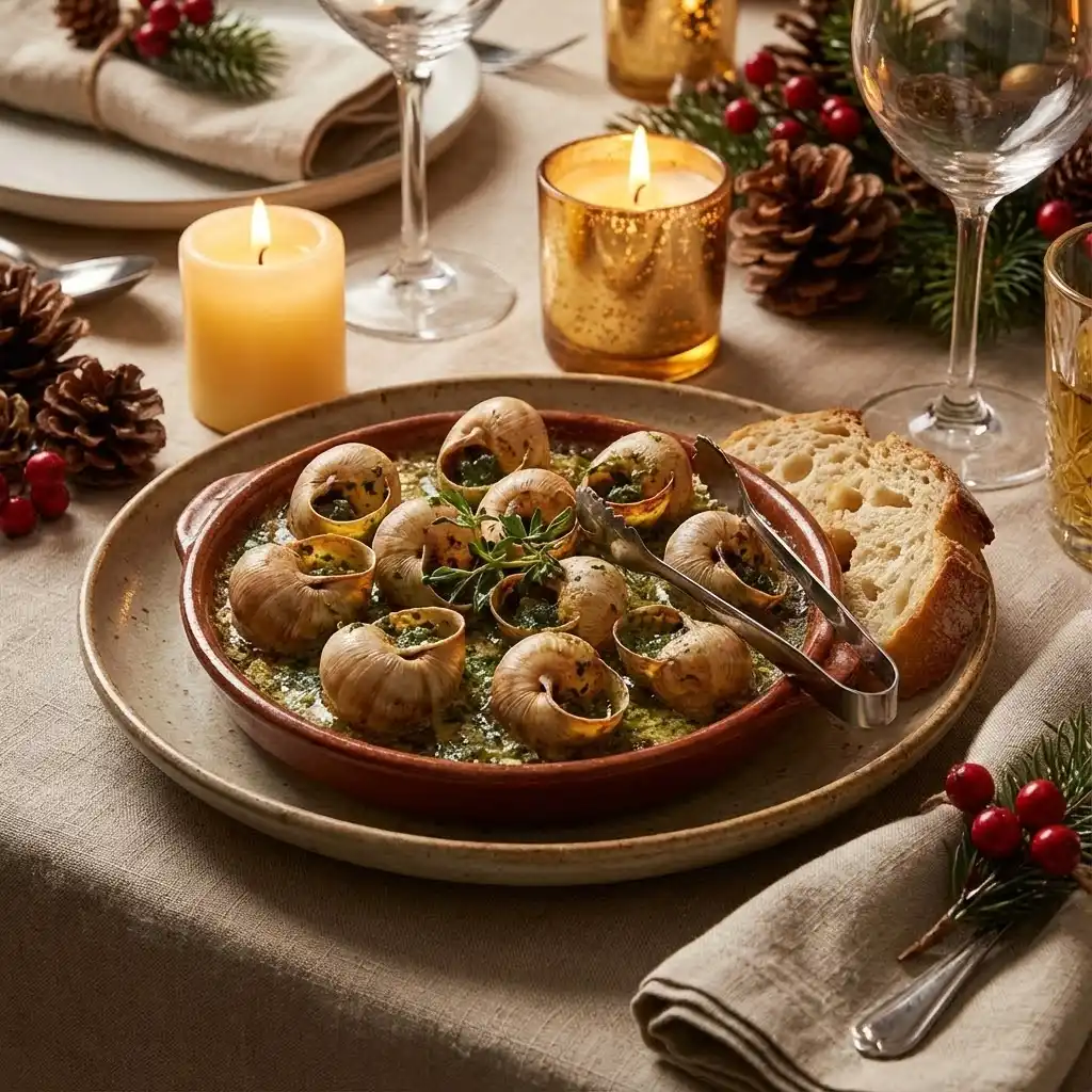 Photo réaliste d'une assiette d'escargots de Bourgogne au beurre persillé, présentation élégante sur table de fête, lumière chaude et appétissante