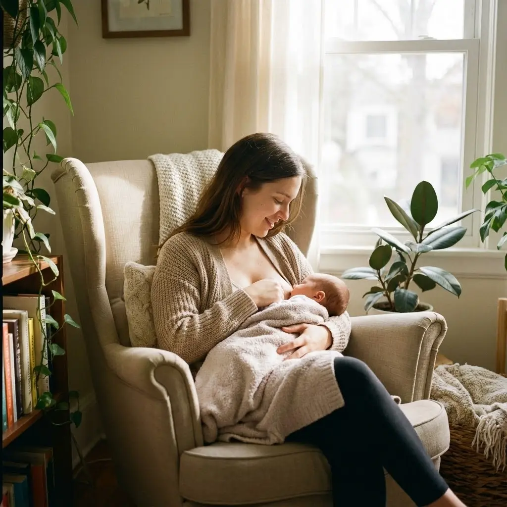 Photo réaliste d'une jeune maman allaitant son bébé paisiblement dans un fauteuil confortable, lumière douce naturelle, ambiance chaleureuse, style lifestyle