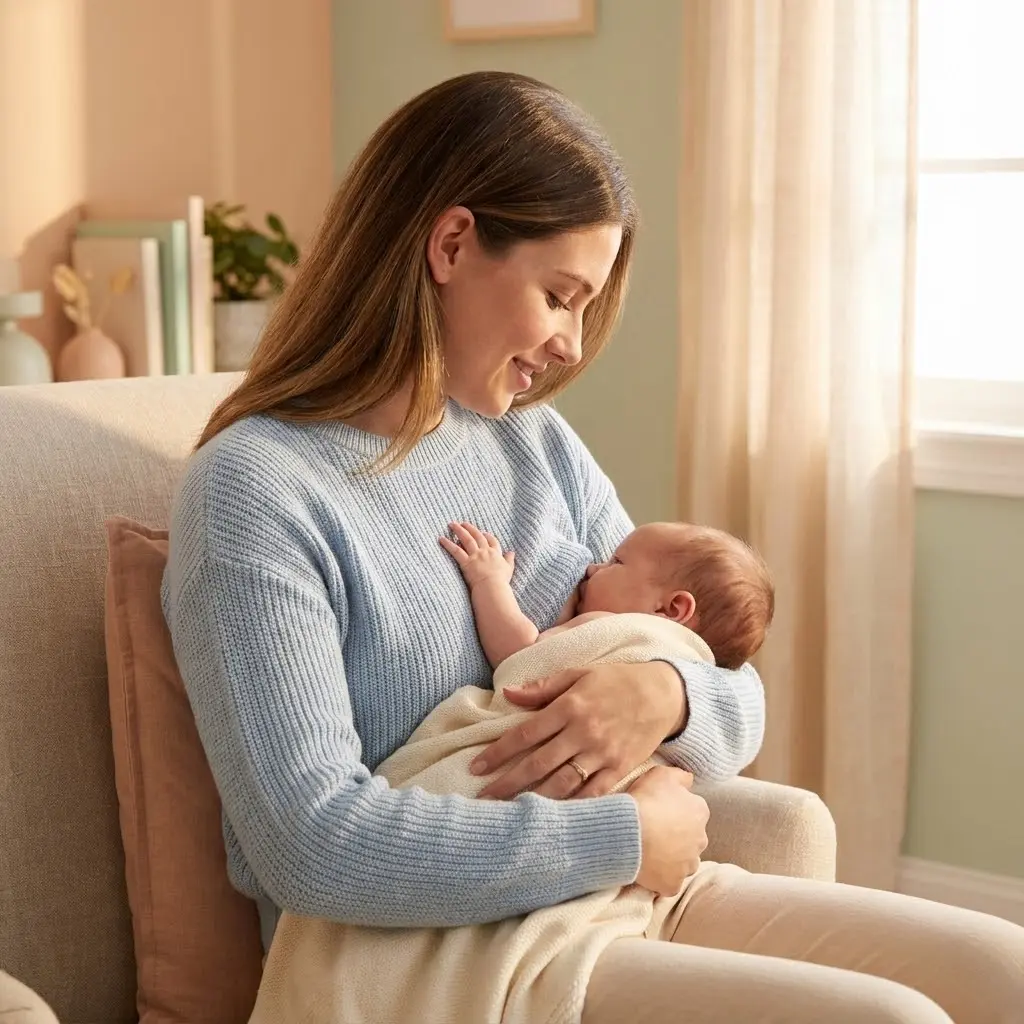 Photo réaliste douce d'une jeune maman en position d'allaitement, éclairage naturel chaleureux, ambiance sereine et rassurante, tons pastel, focus sur le lien mère-enfant