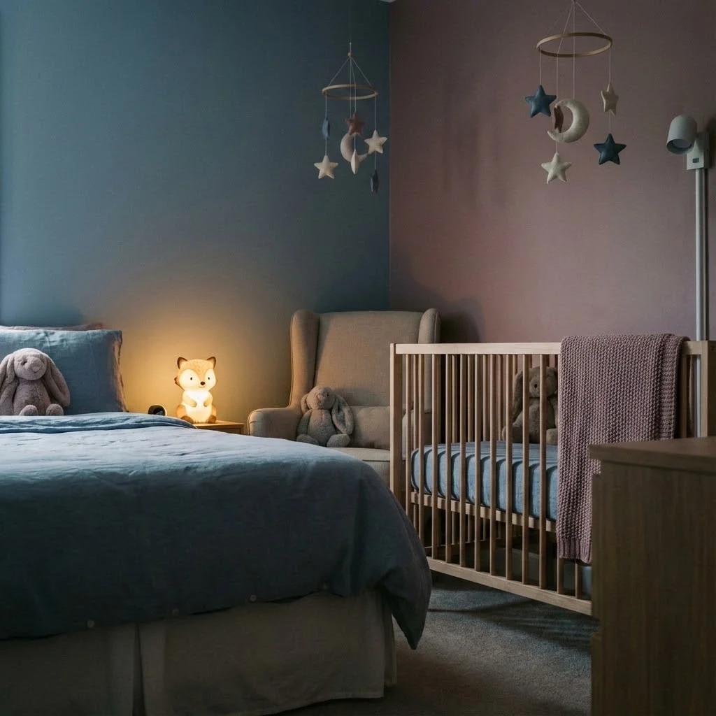[image : Photo réaliste et douce d'une chambre de bébé avec une veilleuse tamisée, ambiance apaisante, tons bleus et mauves doux]