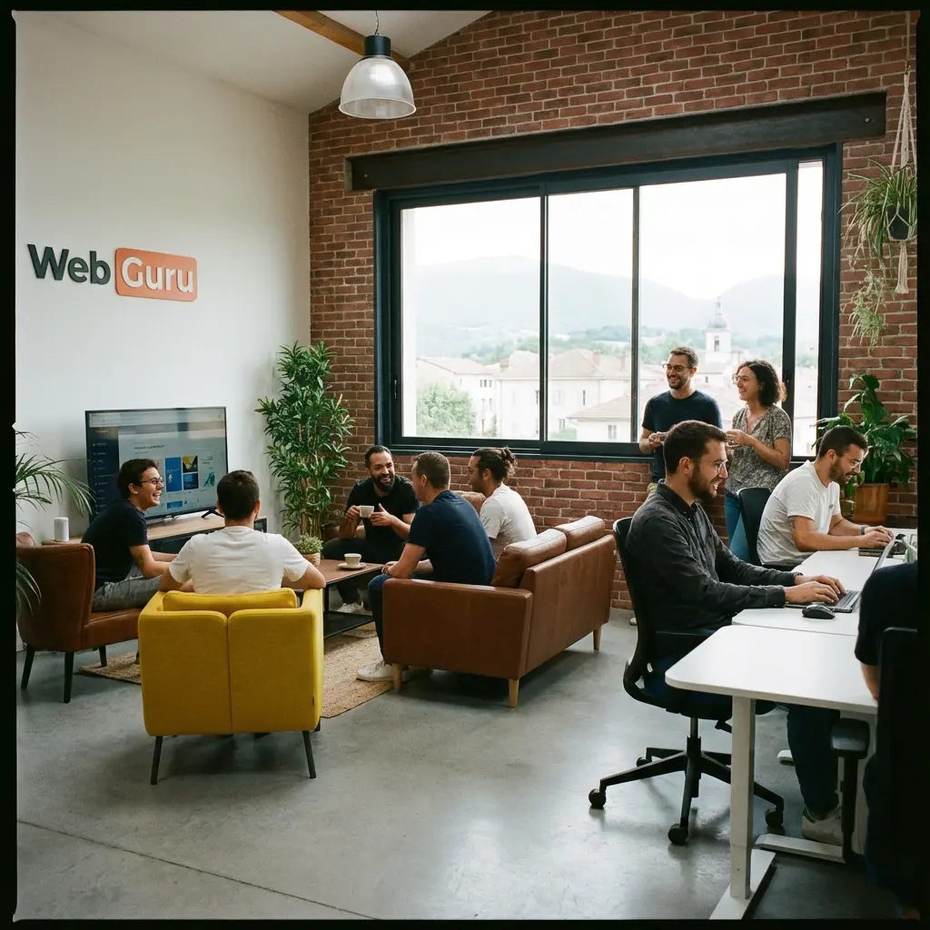 [image : Photo une équipe de collaborateurs Web Guru dans leurs locaux de Romans-sur-Isère, ambiance professionnelle et conviviale montrant l'aspect humain]