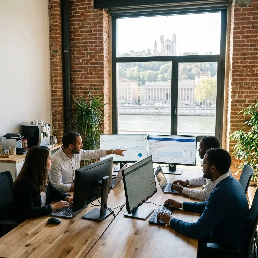 [image : photographie professionnelle d'une équipe de consultants SEO travaillant sur des écrans affichant des graphiques de performance et des tableaux de bord Analytics, ambiance moderne et collaborative dans un bureau lyonnais lumineux]