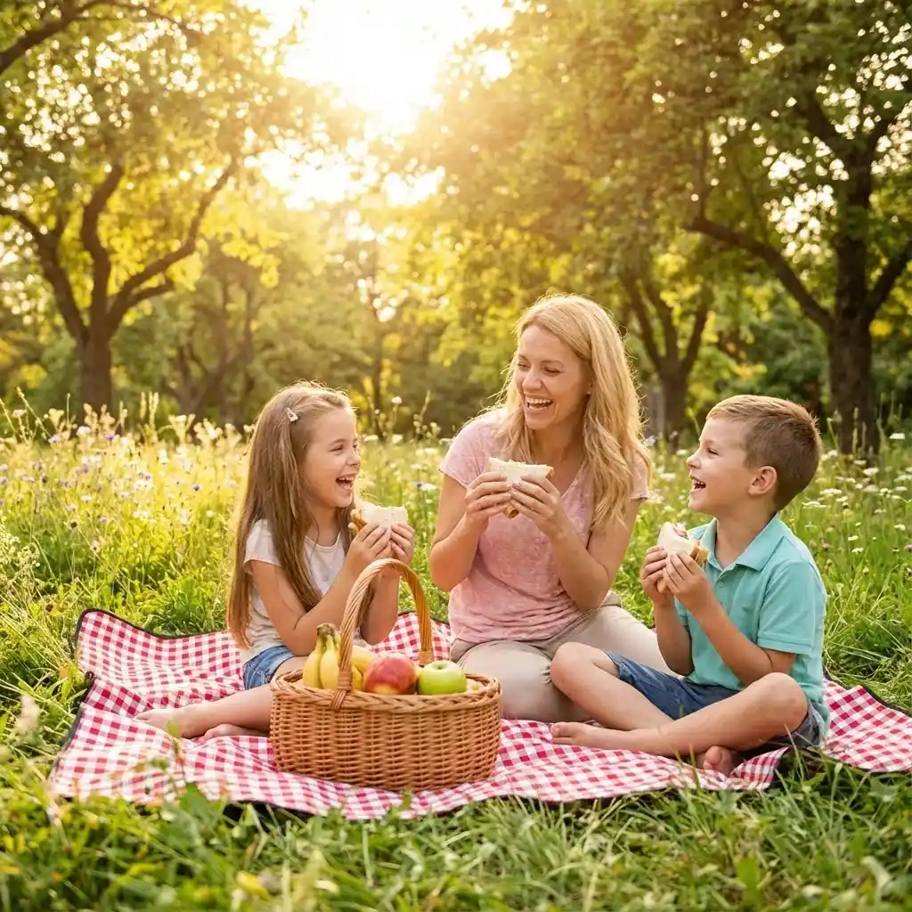 Pique-nique dans un parc, nappe à carreaux, mère souriante avec ses enfants, ambiance lumineuse et joyeuse
