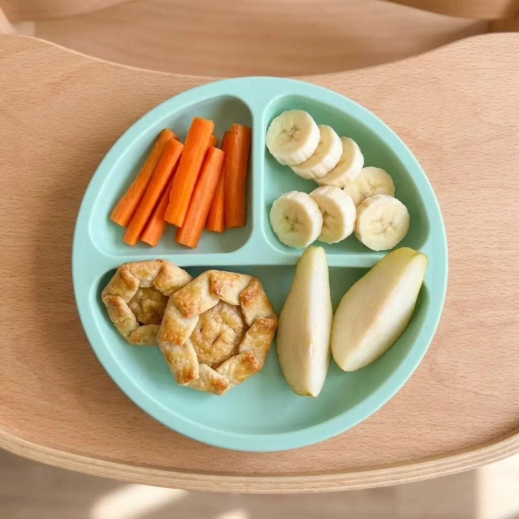 Plateau coloré de finger food pour bébé vu du dessus - bâtonnets de carottes cuites, morceaux de banane, galettes dorées, quartiers de poire, disposés sur une assiette en silicone pastel