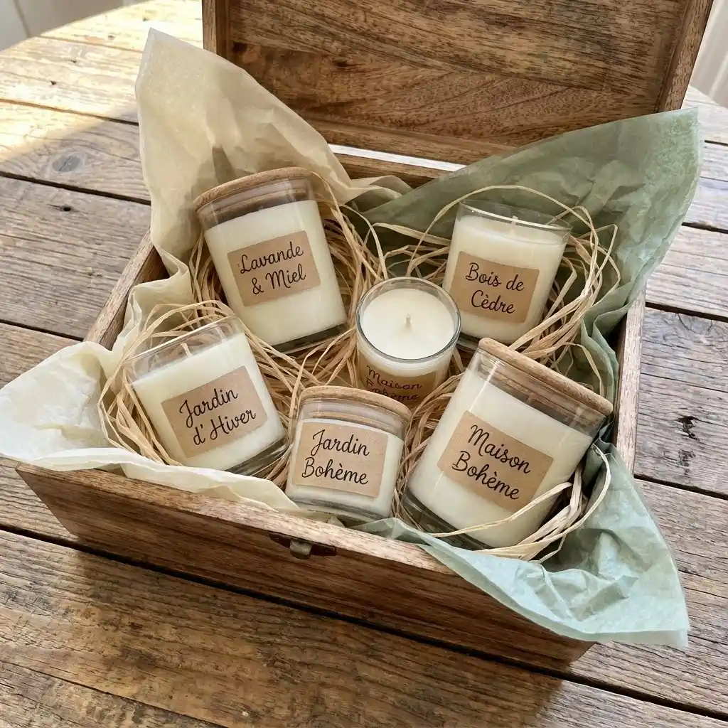 Plusieurs bougies artisanales de tailles différentes, étiquettes manuscrites, présentées dans un coffret cadeau avec du papier de soie